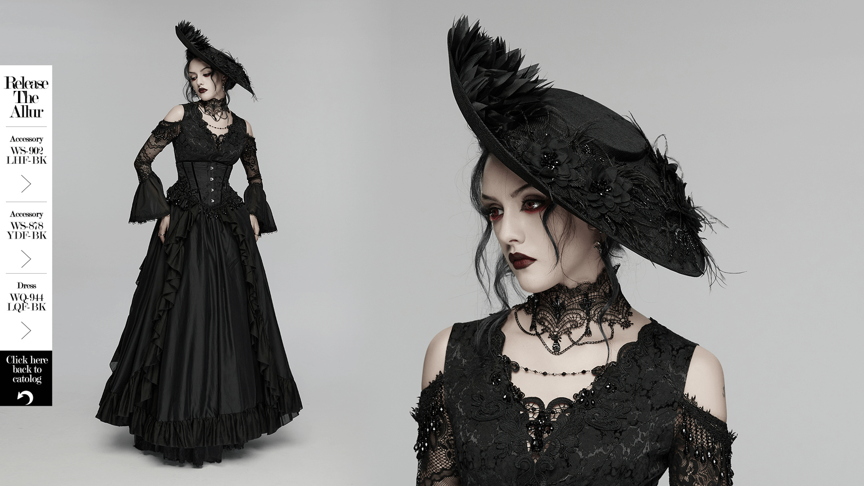Gothic Wide Brim Feather Fascinator Hat in Black worn with elegant black dress, showcasing dark elegance and Victorian style.