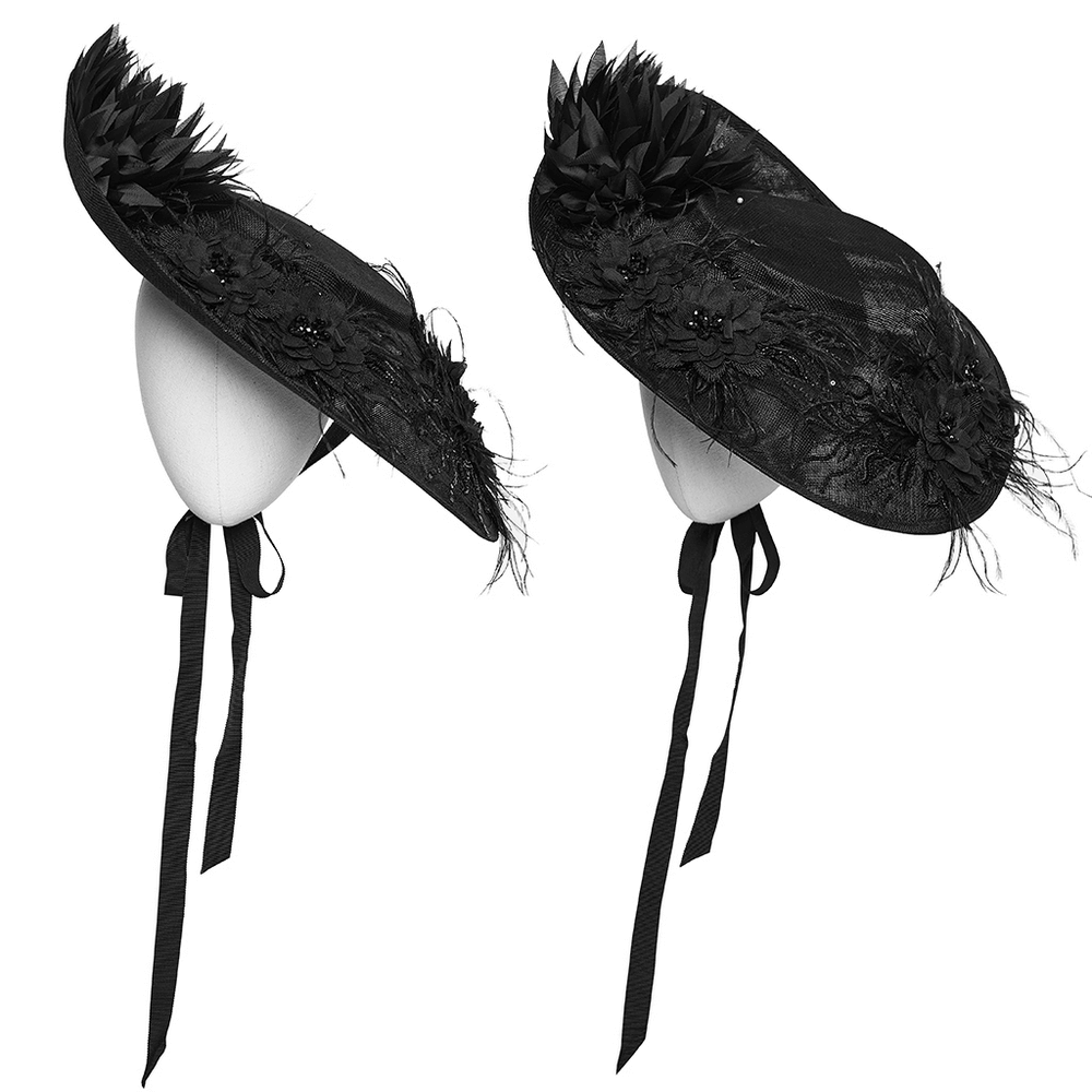 Gothic Wide Brim Feather Fascinator Hat in Black with floral petals and ribbon detail, perfect for Victorian style.