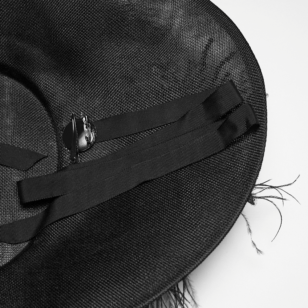 Gothic Wide Brim Feather Fascinator Hat in Black showing adjustable black ribbon ties and textured interior.