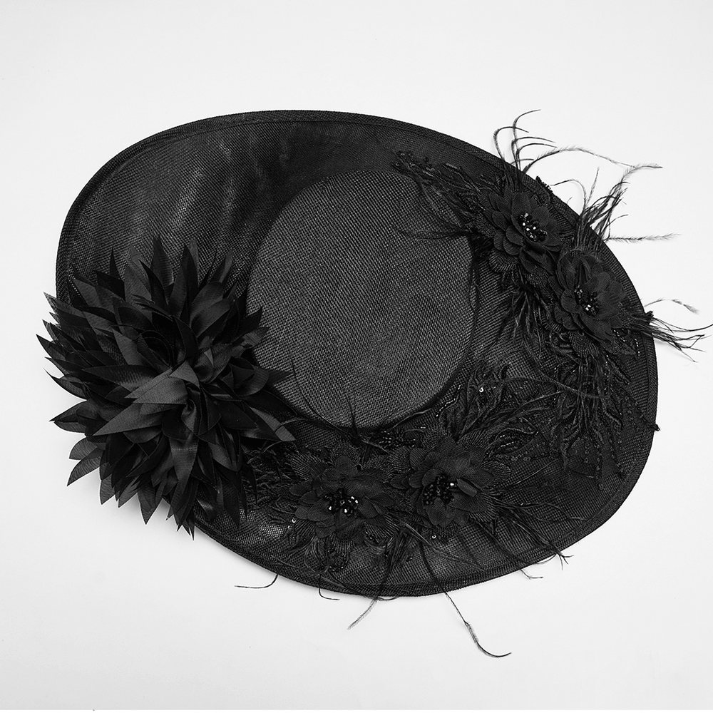 Gothic Wide Brim Feather Fascinator Hat in Black with floral petals and feathers for a dramatic look.