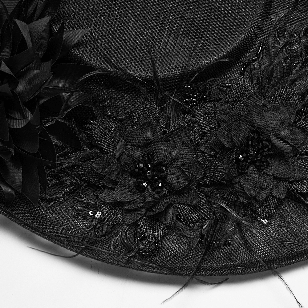 Gothic Wide Brim Feather Fascinator Hat in Black with floral petals and soft feathers for dramatic elegance.