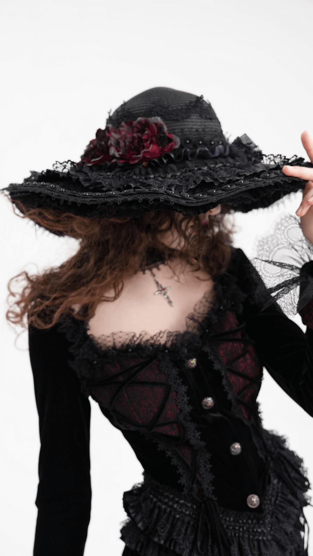 Victorian gothic wide-brim hat with black lace and red floral accents, perfect for elegant cosplay or statement looks.