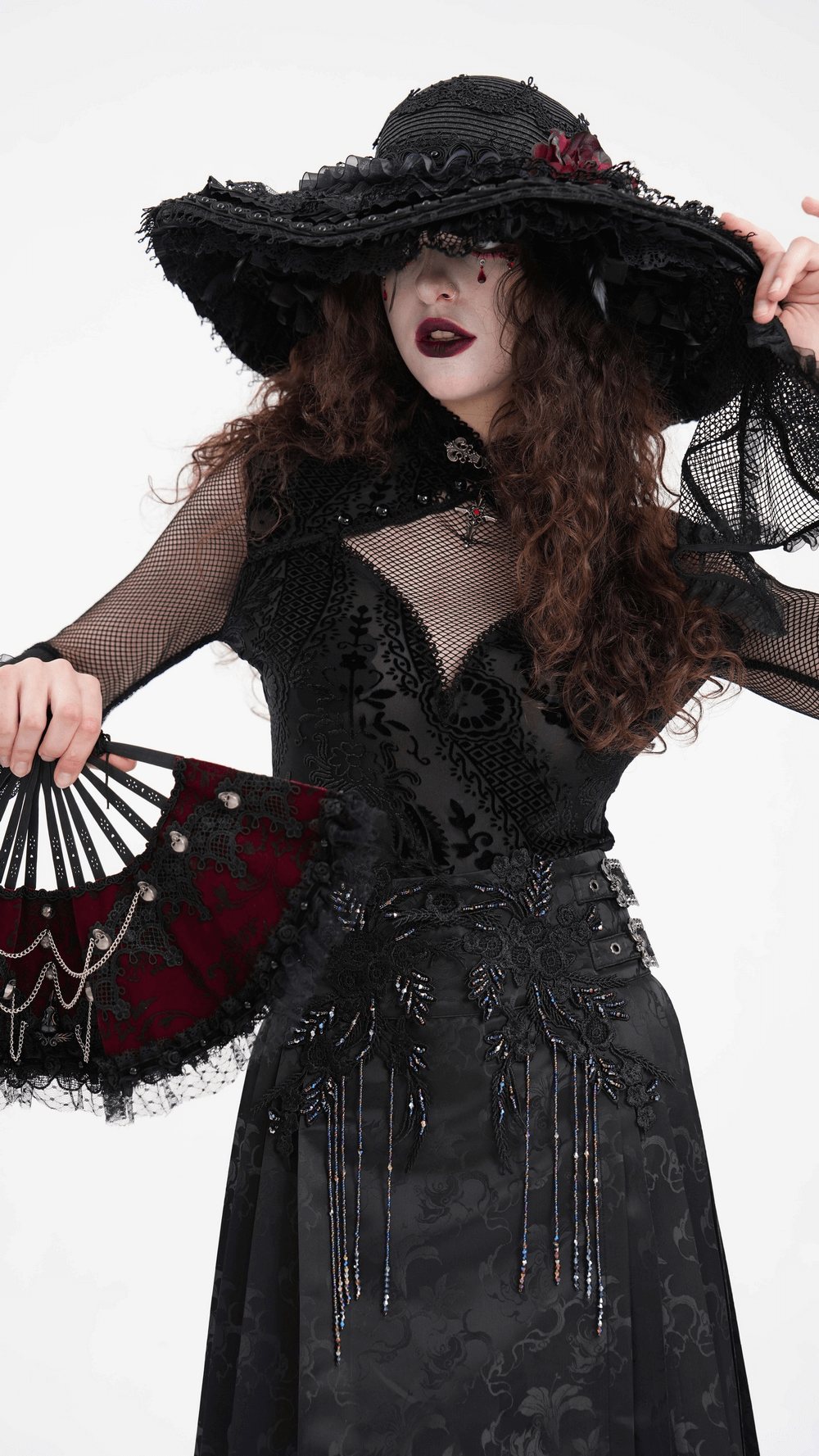 Gothic Wide-Brim Hat with Black Lace and Red Floral Accents