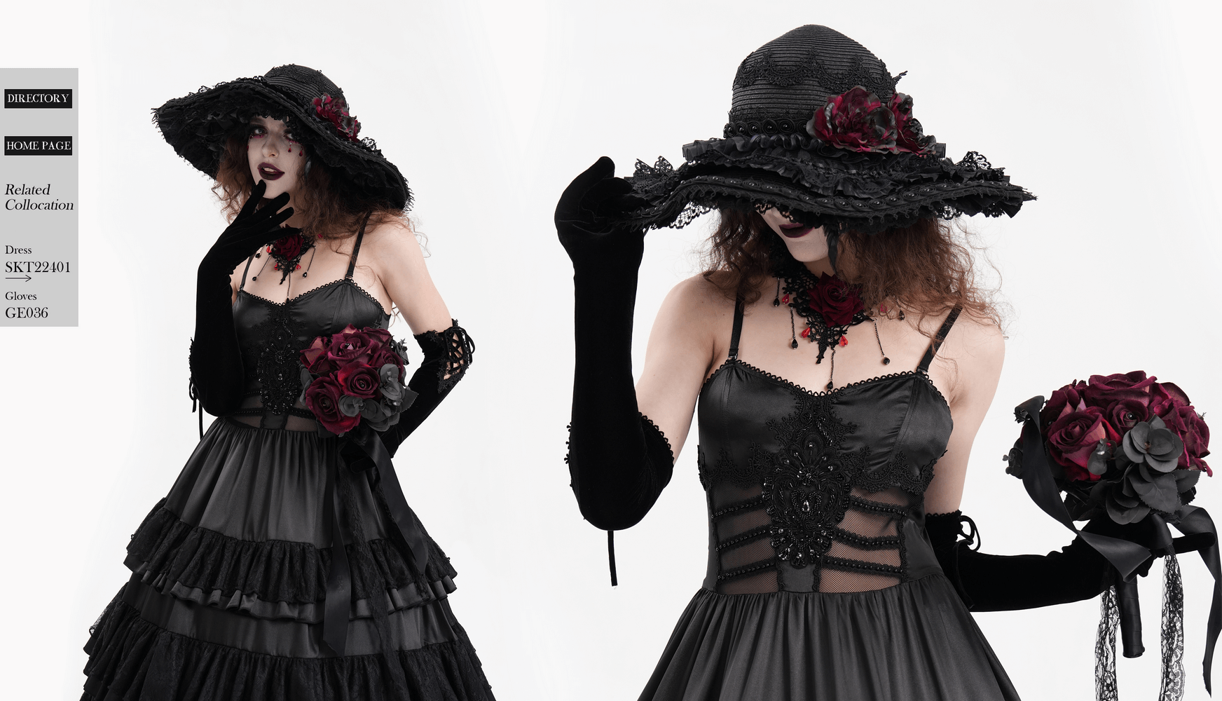 Victorian gothic model in wide-brim hat with black lace and red floral accents, showcasing dark romantic elegance.