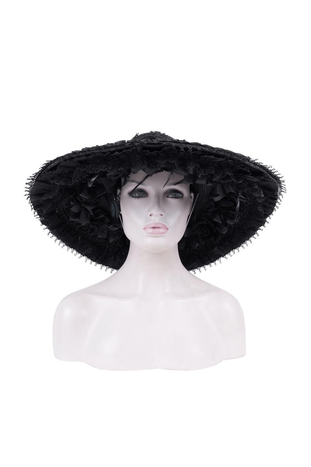 Gothic wide-brim hat featuring black lace, rose details, ideal for Victorian-inspired looks and bold fashion statements.