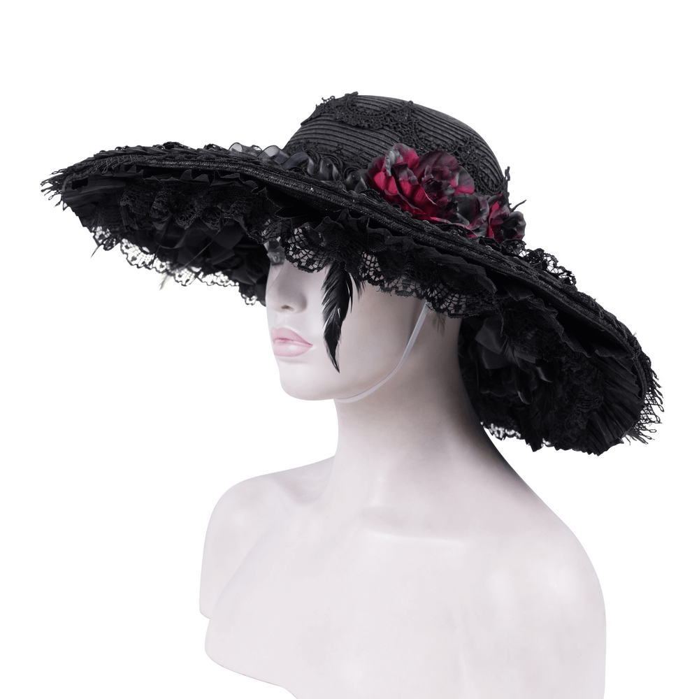 Gothic wide-brim hat with black lace and red floral accents, perfect for Victorian-inspired fashion.