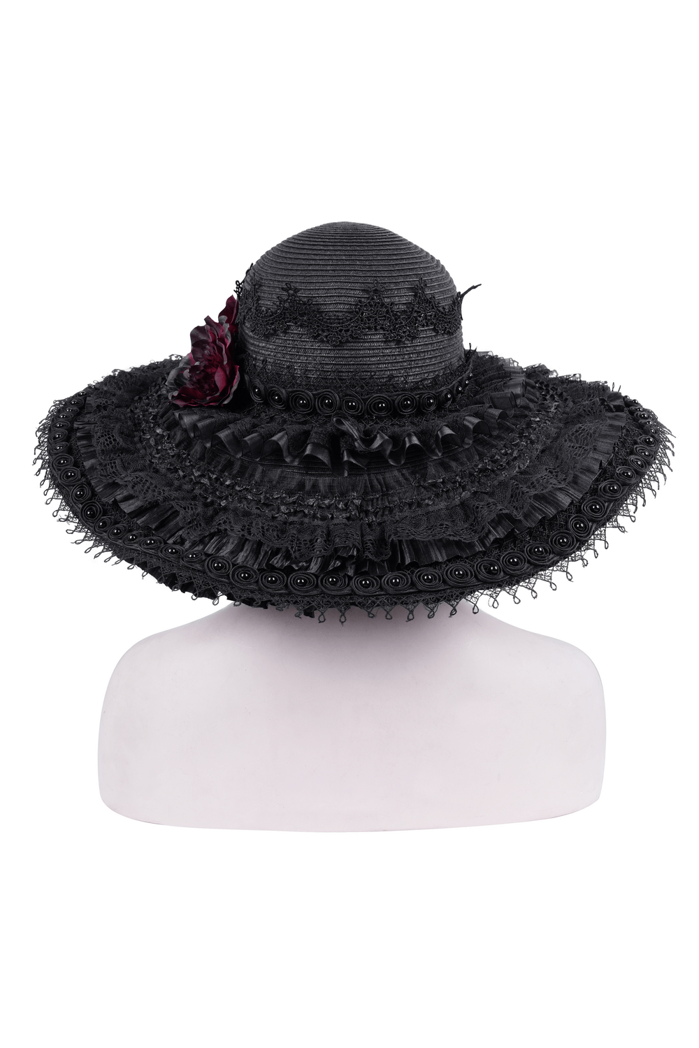 Gothic wide-brim hat with black lace trim and red floral accents, perfect for Victorian-inspired looks.