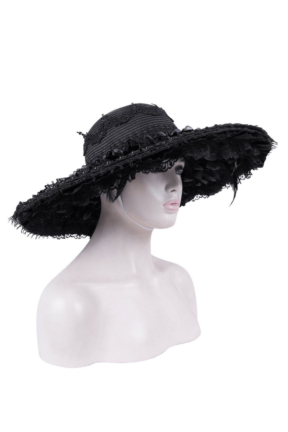 Gothic wide-brim hat adorned with black lace and red floral accents, perfect for Victorian-inspired fashion.