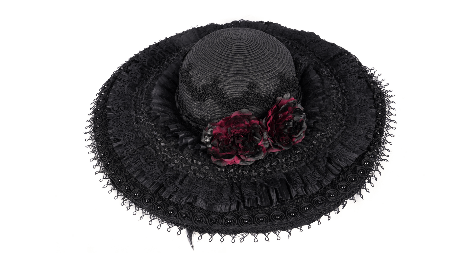 Gothic wide-brim hat featuring black lace, ruffles, and red floral accents for a vintage Victorian look.