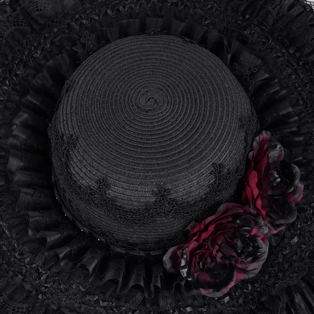 Gothic wide-brim hat featuring black lace trims and bold red floral accents, perfect for vintage-inspired styles.