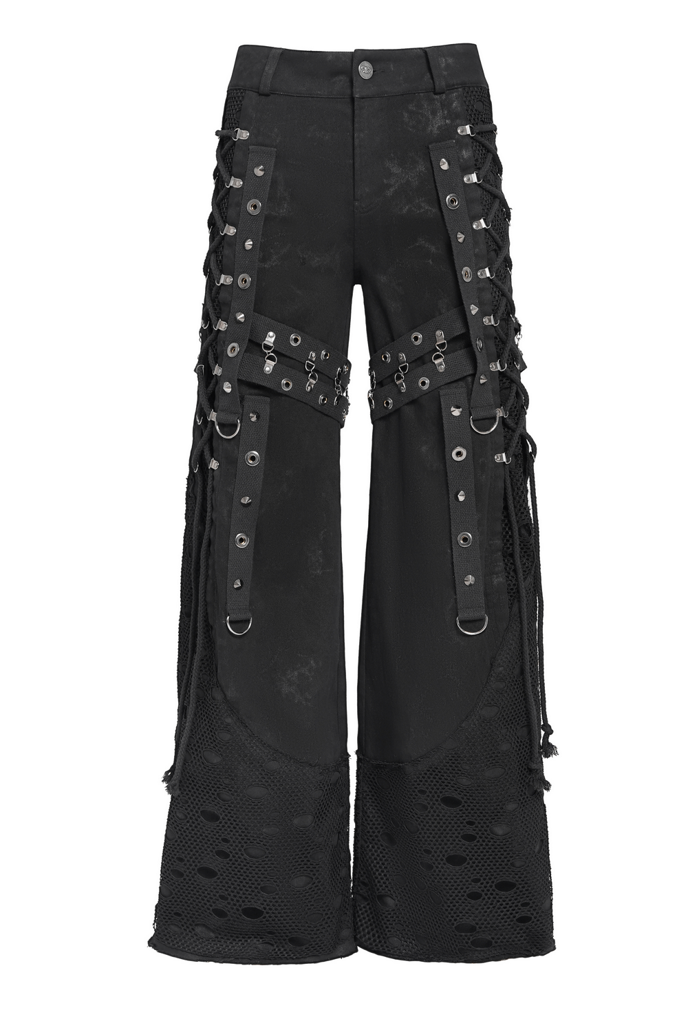 Gothic Wide Leg Pants with Buckles and Mesh Panels showcasing bold strap details and metal rings.