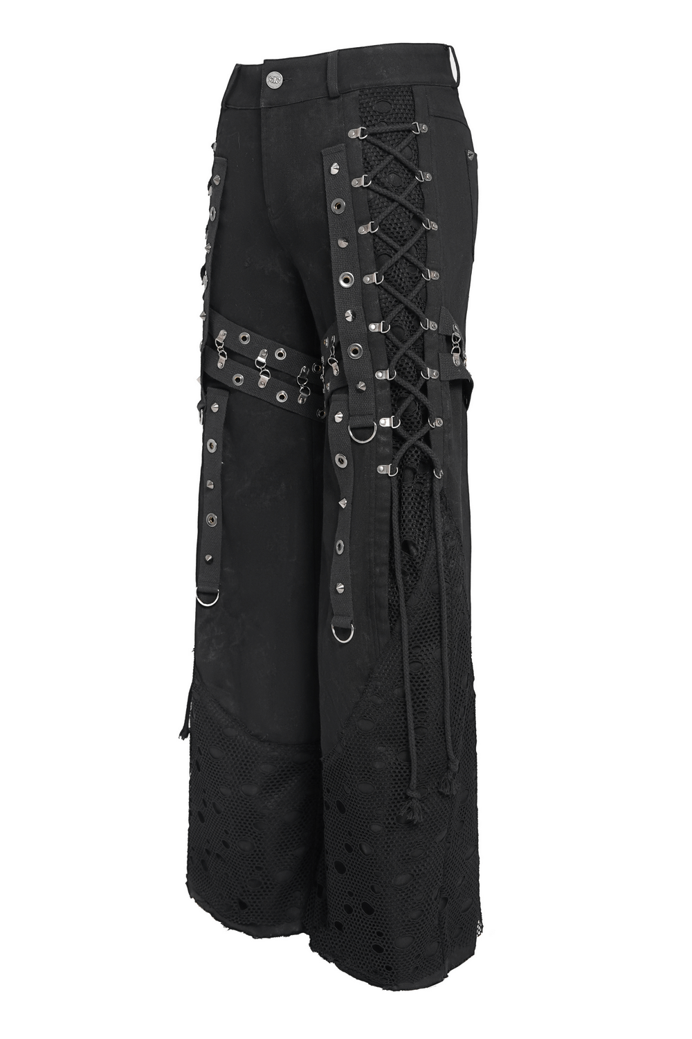 Gothic Wide Leg Pants with Buckles and Mesh Panels showcasing bold strap details and metal rings for a dark punk aesthetic.