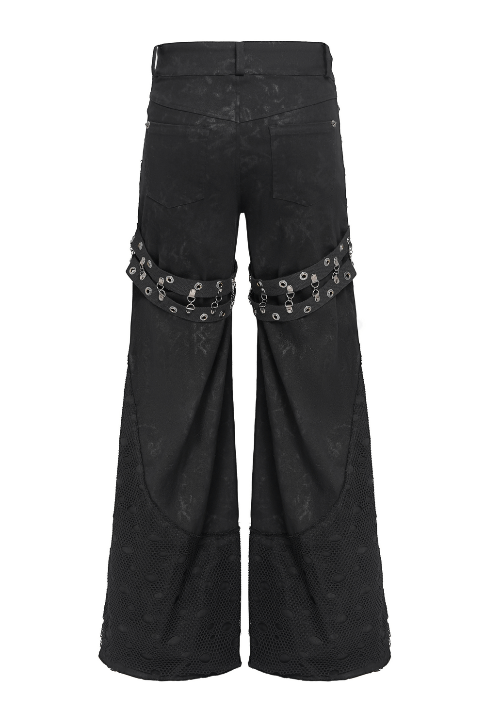 Gothic Wide Leg Pants with Buckles and Mesh Panels showcasing back view with bold straps and metal rings.