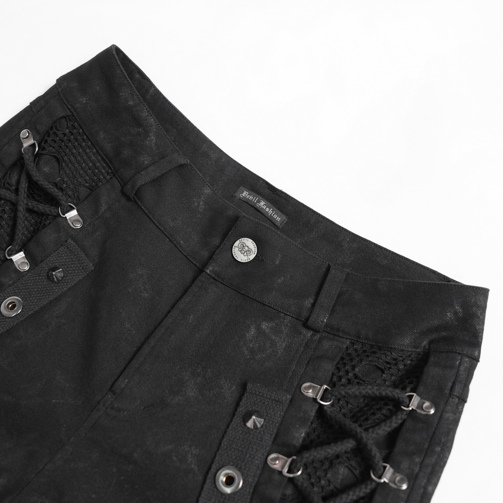 Gothic Wide Leg Pants with Buckles and Mesh Panels showcasing strap details and mesh accents for a punk style.