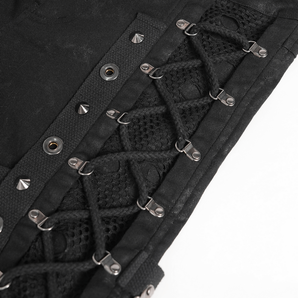 Gothic Wide Leg Pants with Buckles and Mesh Panels detailed view featuring metal rings and mesh accents.