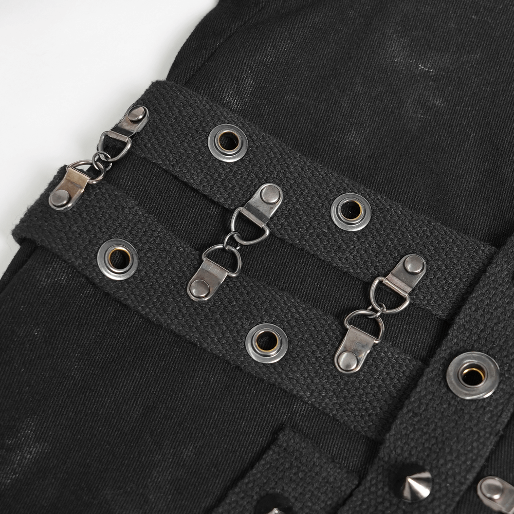 Gothic Wide Leg Pants with Buckles and Mesh Panels featuring metal rings and strap details up close.