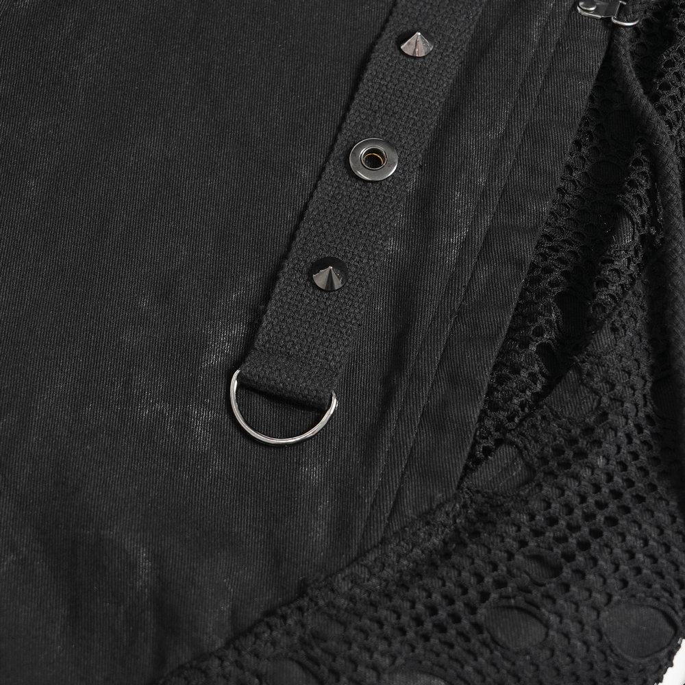 Gothic Wide Leg Pants with Buckles and Mesh Panels showing strap details and metal rings for a punk aesthetic.