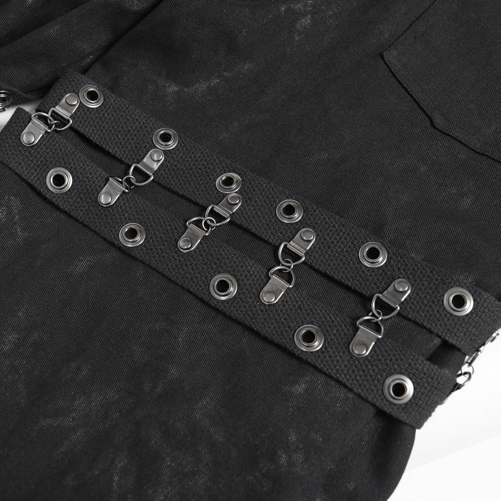 Close-up of Gothic Wide Leg Pants with Buckles and Mesh Panels detailing strap and metal ring features.