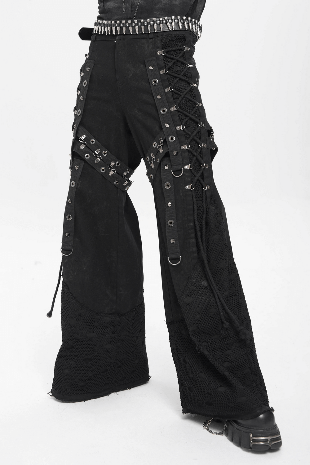 Gothic Wide Leg Pants with Buckles and Mesh Panels showcasing strap details and metal rings for alternative punk fashion.