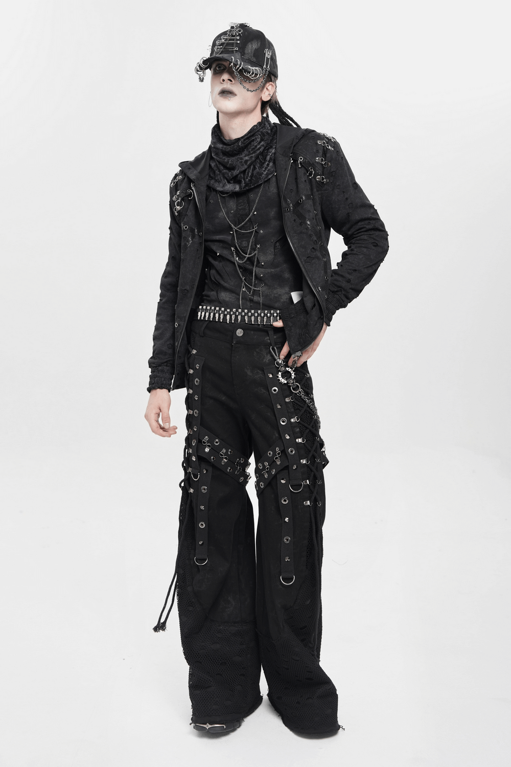 Gothic Wide Leg Pants with Buckles and Mesh Panels worn by a model in punk style outfit with accessories and dramatic makeup.