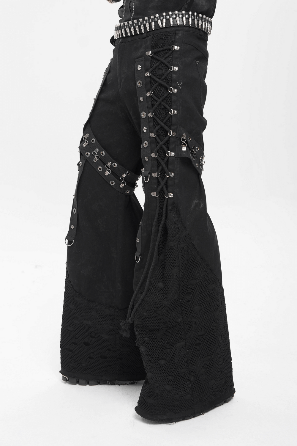 Gothic Wide Leg Pants with Buckles and Mesh Panels showcasing bold straps, metal rings, and layered textures for punk style.