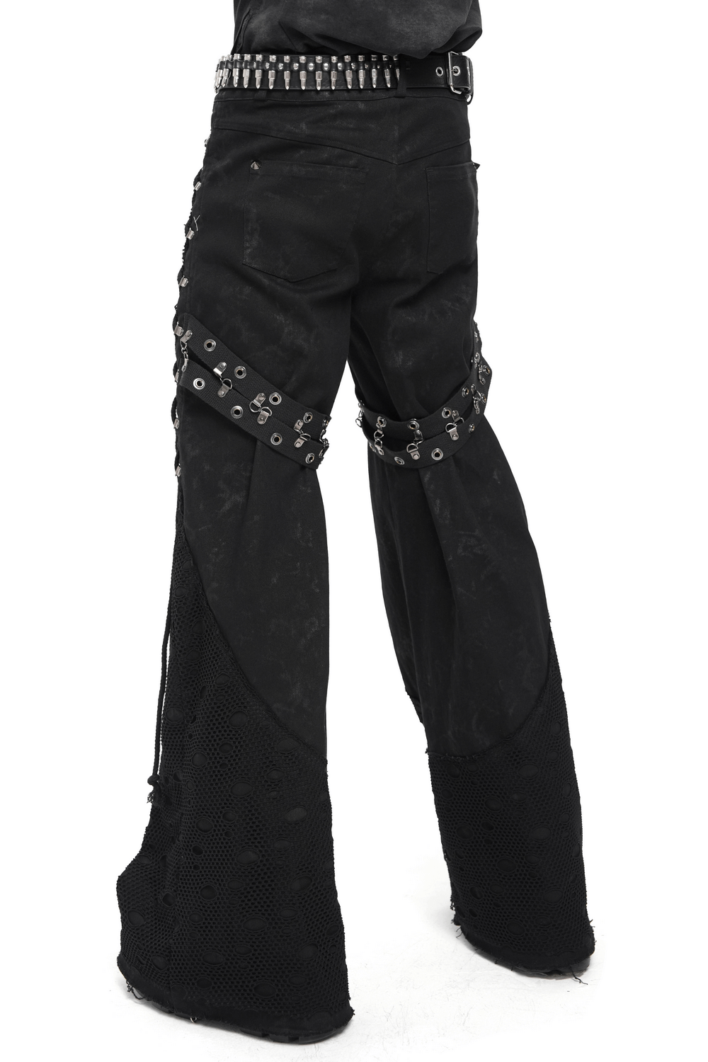 Gothic Wide Leg Pants with Buckles and Mesh Panels featuring straps and metal rings for a striking punk aesthetic.