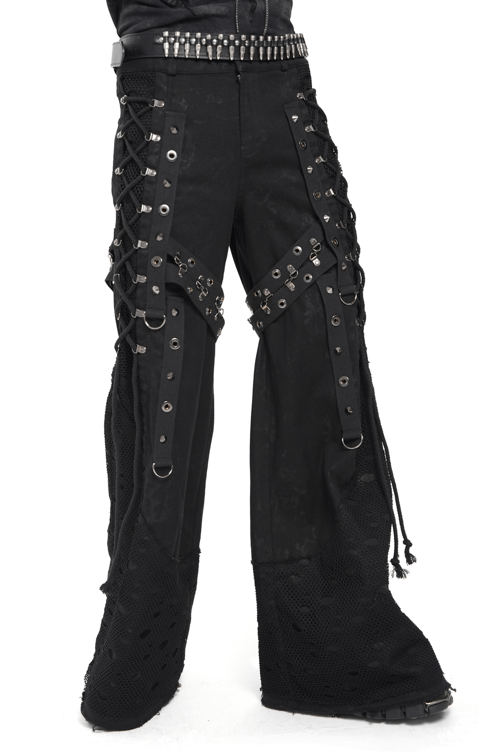 Gothic Wide Leg Pants with Buckles and Mesh Panels featuring bold straps and metal rings for a punk aesthetic.