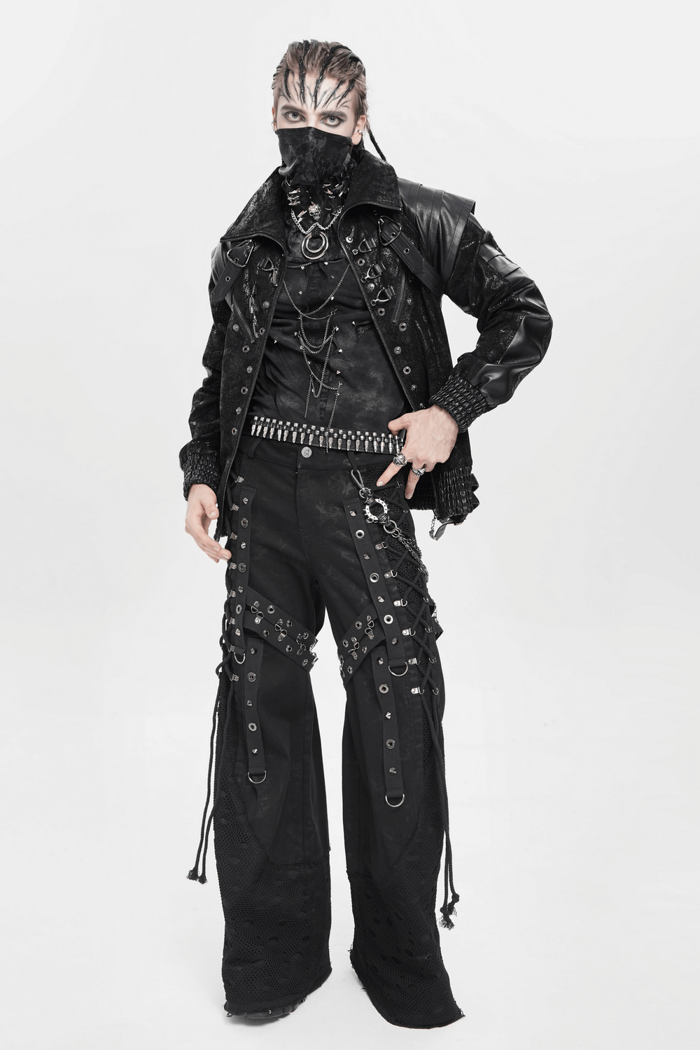 Gothic Wide Leg Pants with Buckles and Mesh Panels showcased by an alternative fashion model in a dark punk attire.