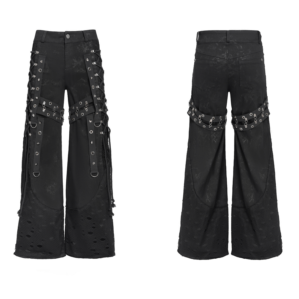 Gothic Wide Leg Pants with Buckles and Mesh Panels featuring bold straps, metal rings, and mesh accents for a punk aesthetic.
