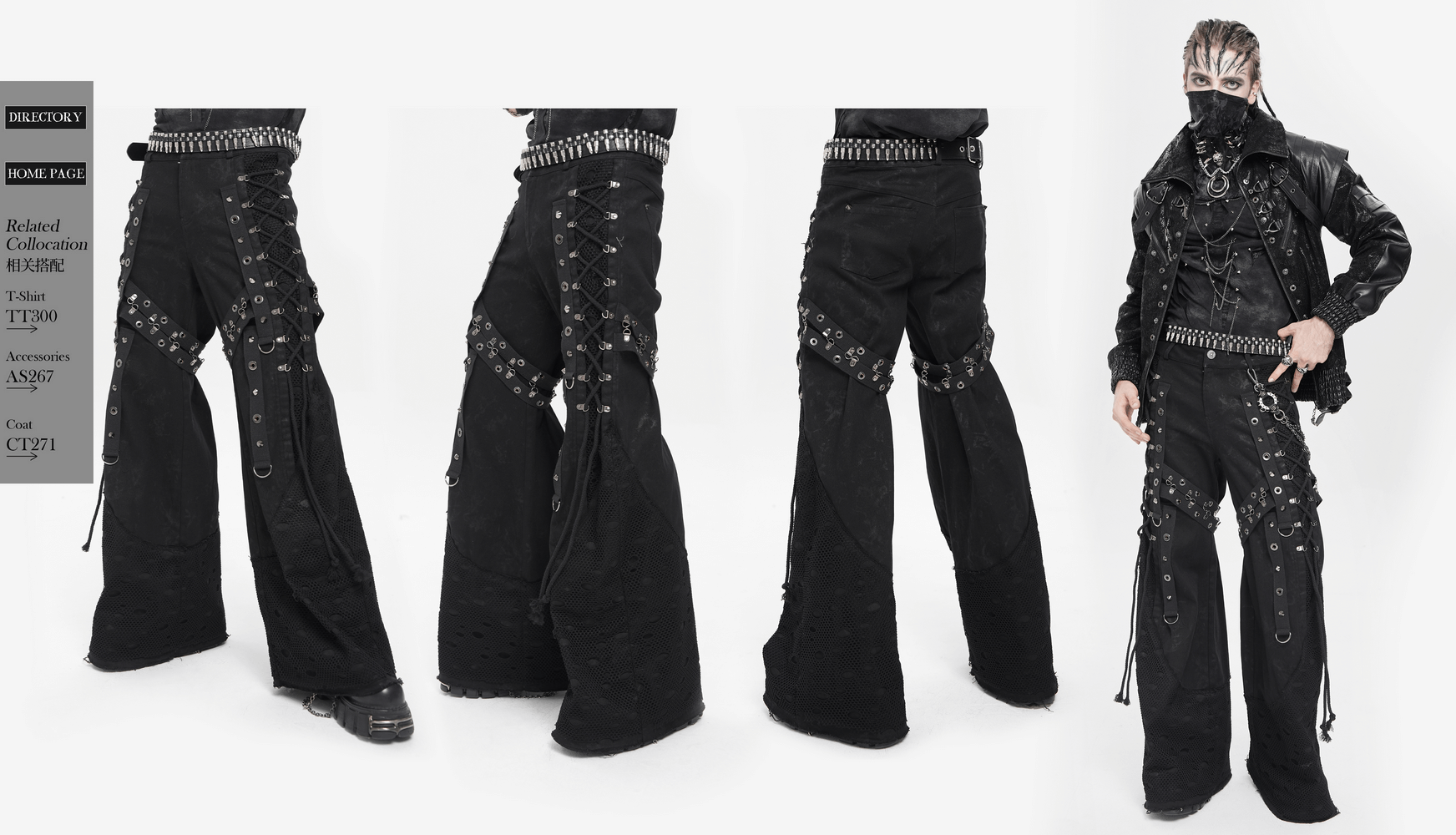 Gothic Wide Leg Pants with Buckles and Mesh Panels showcasing bold strap details and metal rings in a punk style.