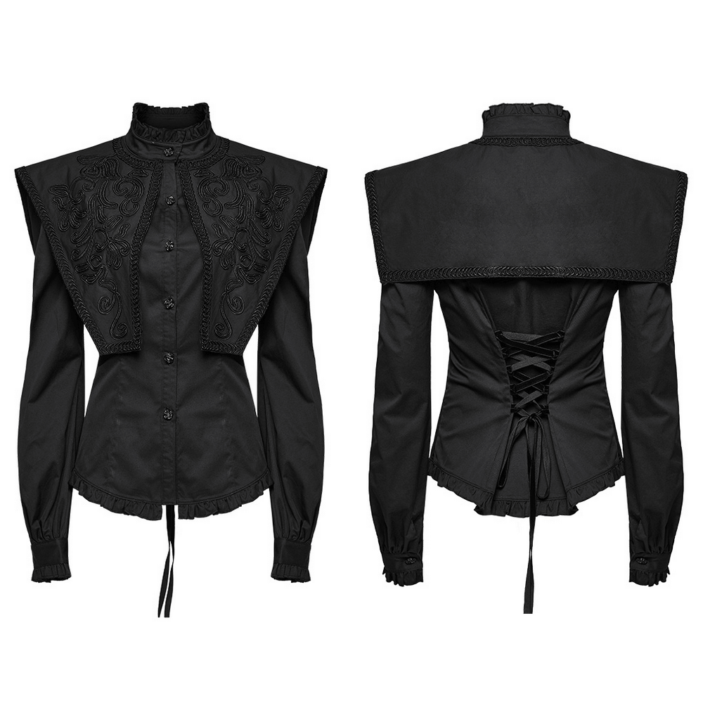 Gothic wide shoulder lace-up shirt with ruffle details and intricate lace shawl collar, front and back view.