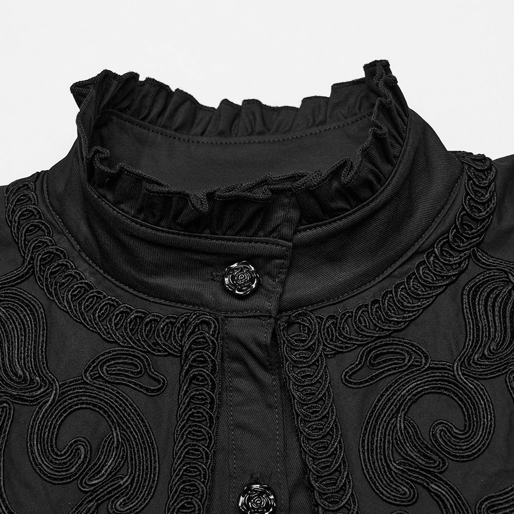 Close-up of black Gothic shirt collar with ruffles and rose buttons, showcasing intricate 3D lace details.