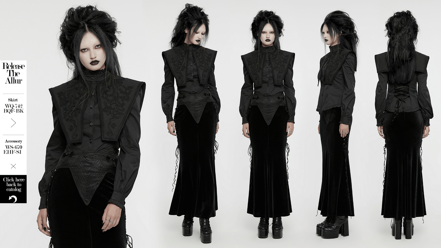 Gothic wide shoulder twill shirt with lace shawl, ruffles, and elegant rose buttons for a retro look.