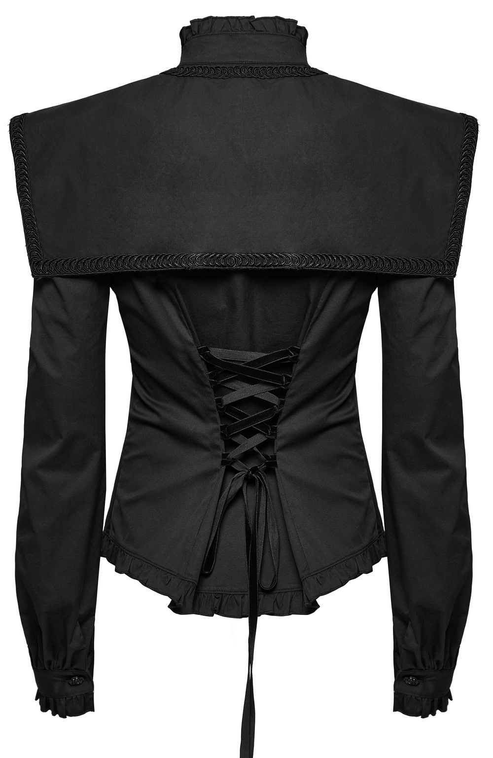 Gothic wide shoulder lace-up shirt with ruffle details and intricate lace shawl collar, perfect for retro-inspired looks.