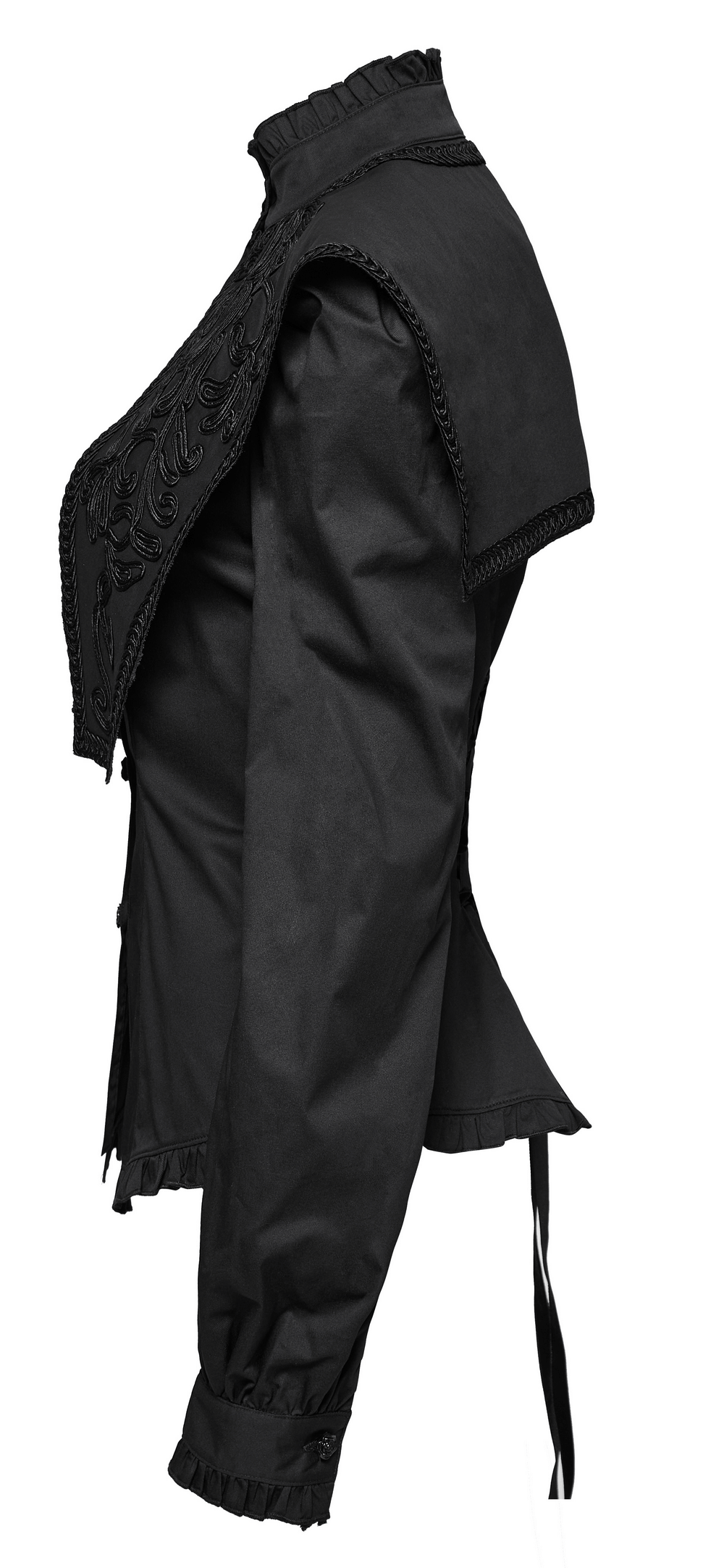 Gothic wide shoulder lace-up shirt with ruffle details and lace shawl collar in black.