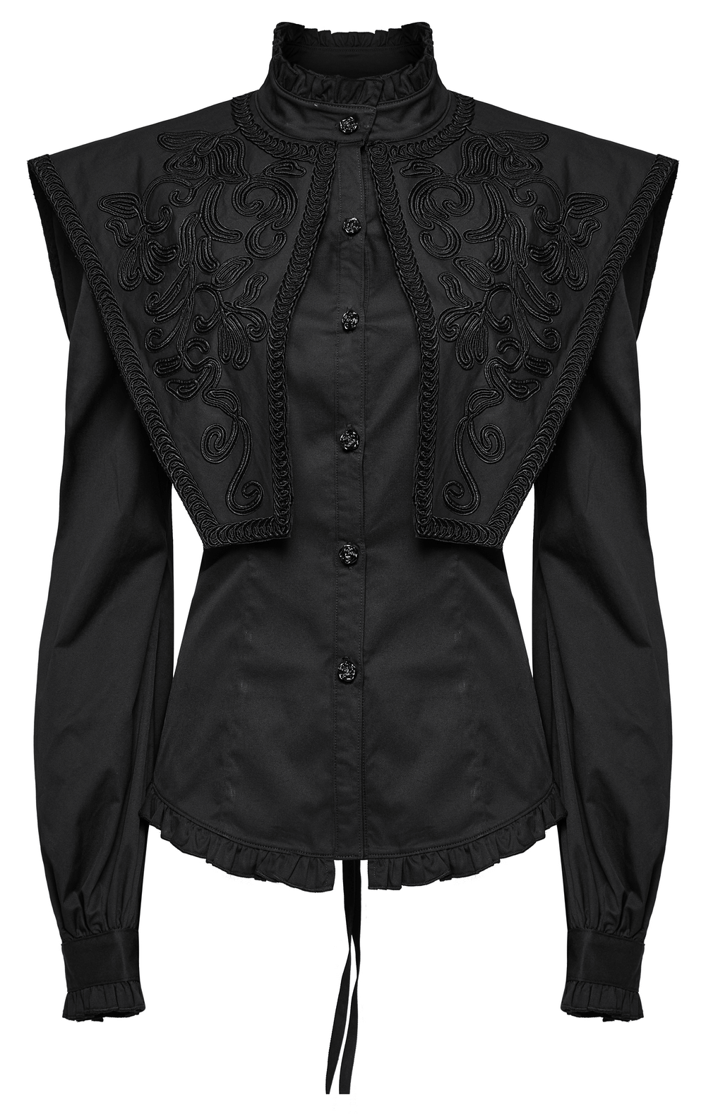 Gothic wide shoulder black lace-up shirt with ruffles and a decorative shawl collar.