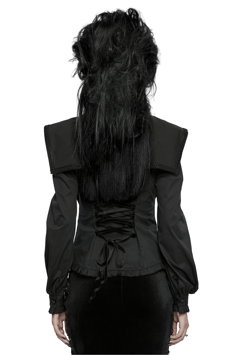 Back view of a Gothic wide shoulder shirt with lace-up details and ruffle accents, showcasing the intricate design in black.