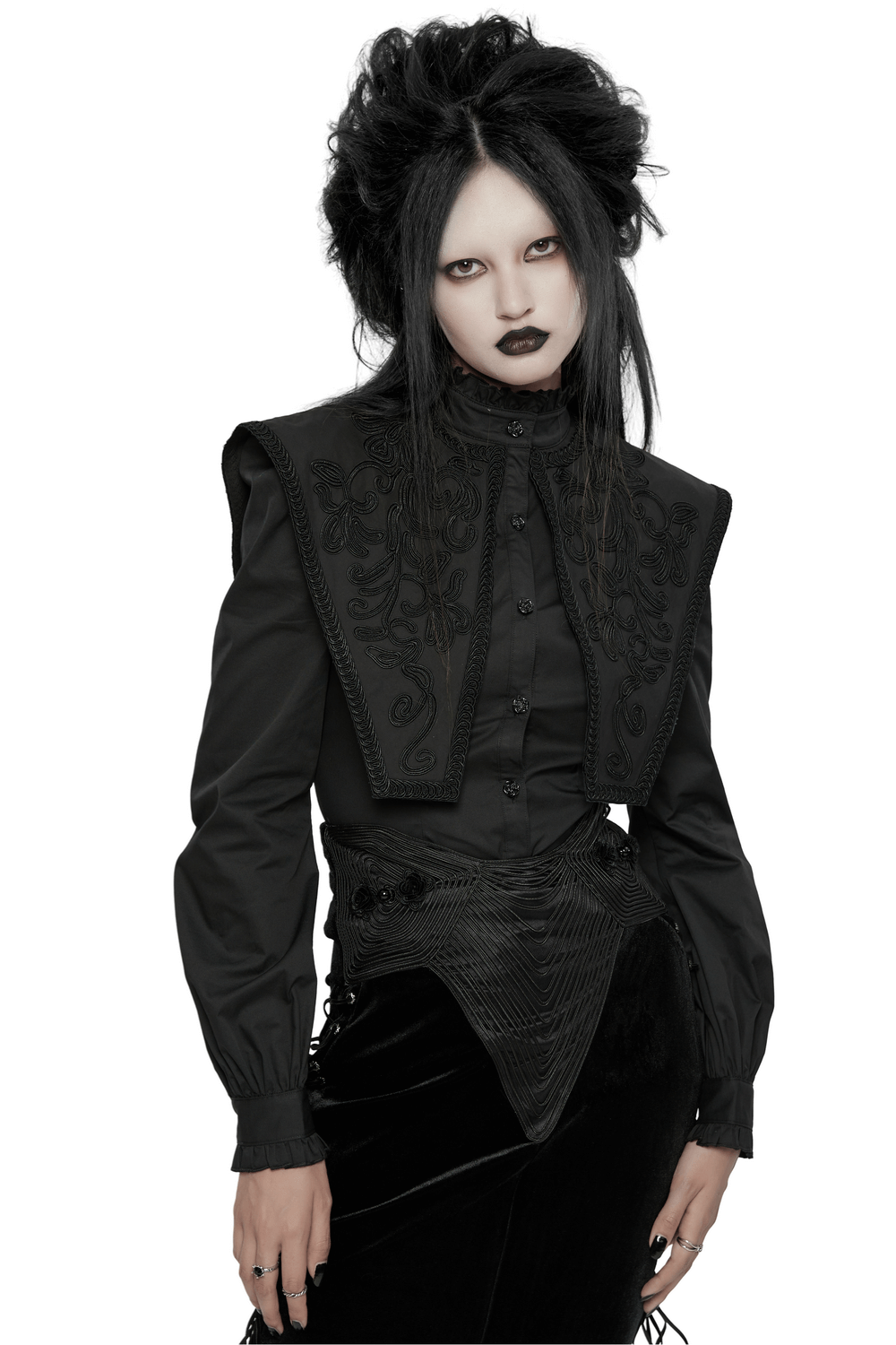 Gothic wide shoulder lace-up shirt with ruffle details and lace shawl accents, styled in a dramatic black outfit.