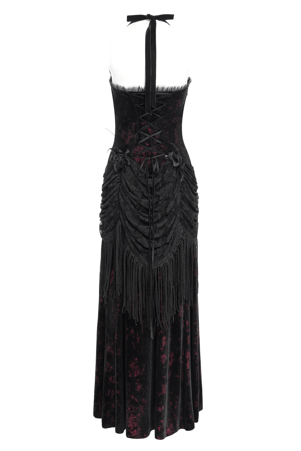 Back view of Gothic wine red and black velvet dress with lace-up corset and flowy fringe for dramatic flair.