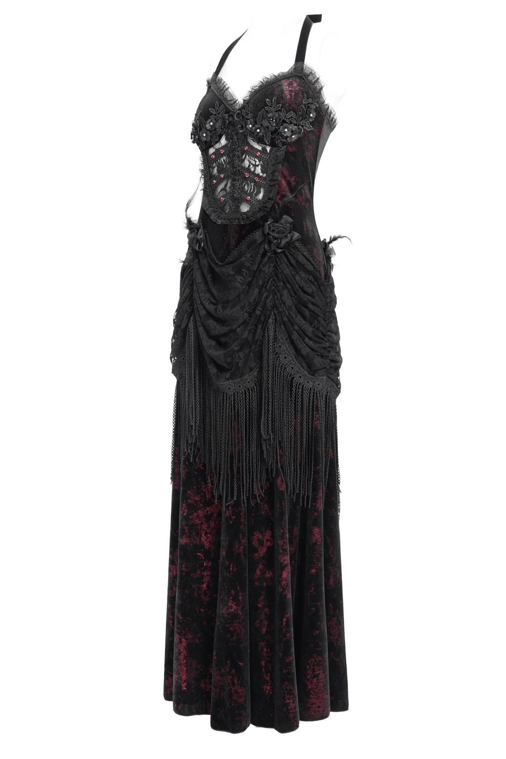 Gothic wine red and black velvet dress with lace, fringe, and corset detail perfect for Victorian-themed events.