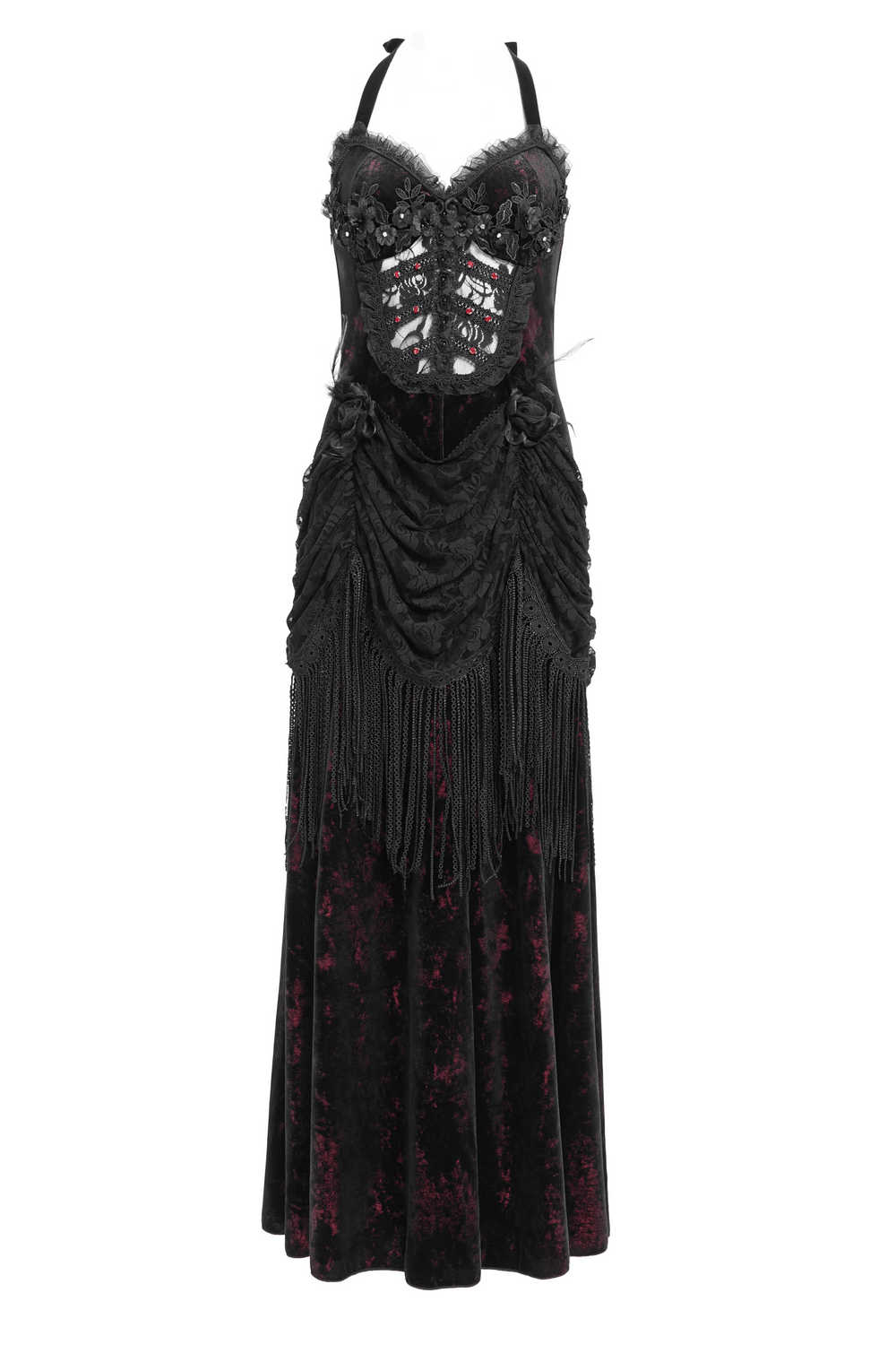 Gothic wine red and black velvet dress featuring lace-up back, ornate appliques, and dramatic fringe details.