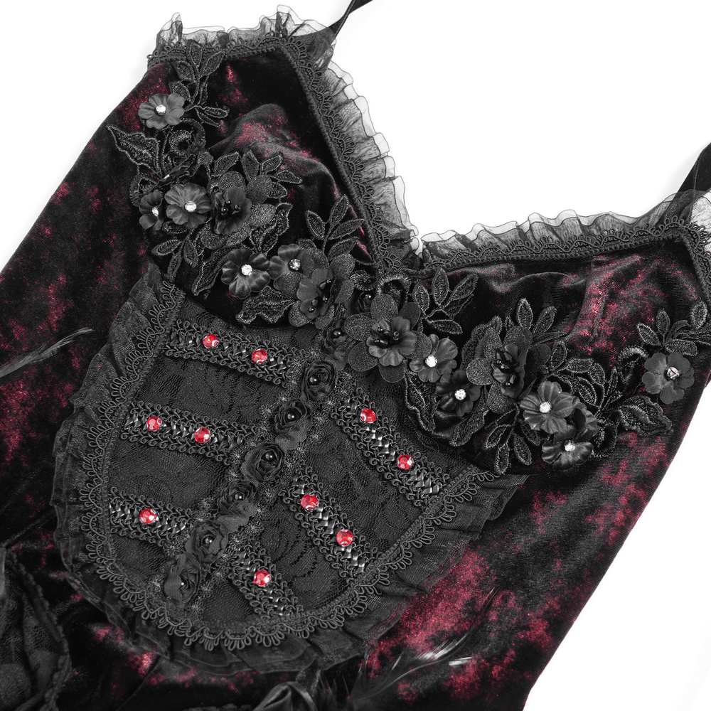 Gothic wine red and black velvet dress detail with lace, floral appliques, and rhinestones for a dramatic Victorian look.