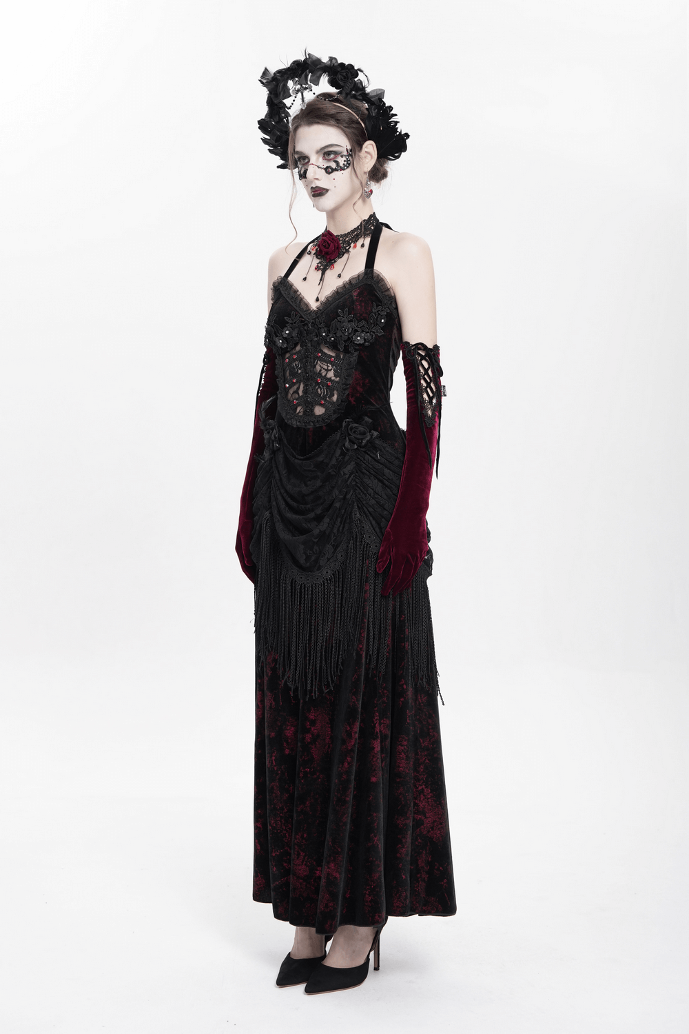 Gothic wine red and black velvet dress with lace, fringe, and corset back, perfect for Victorian-themed events.