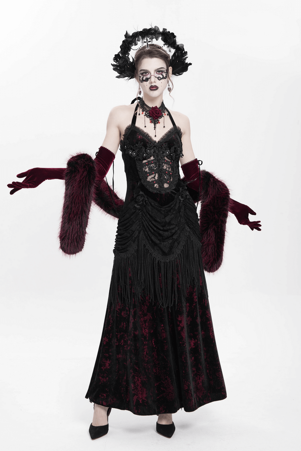Gothic wine red and black velvet dress featuring lace and fringe, perfect for Victorian-themed events or cosplay.