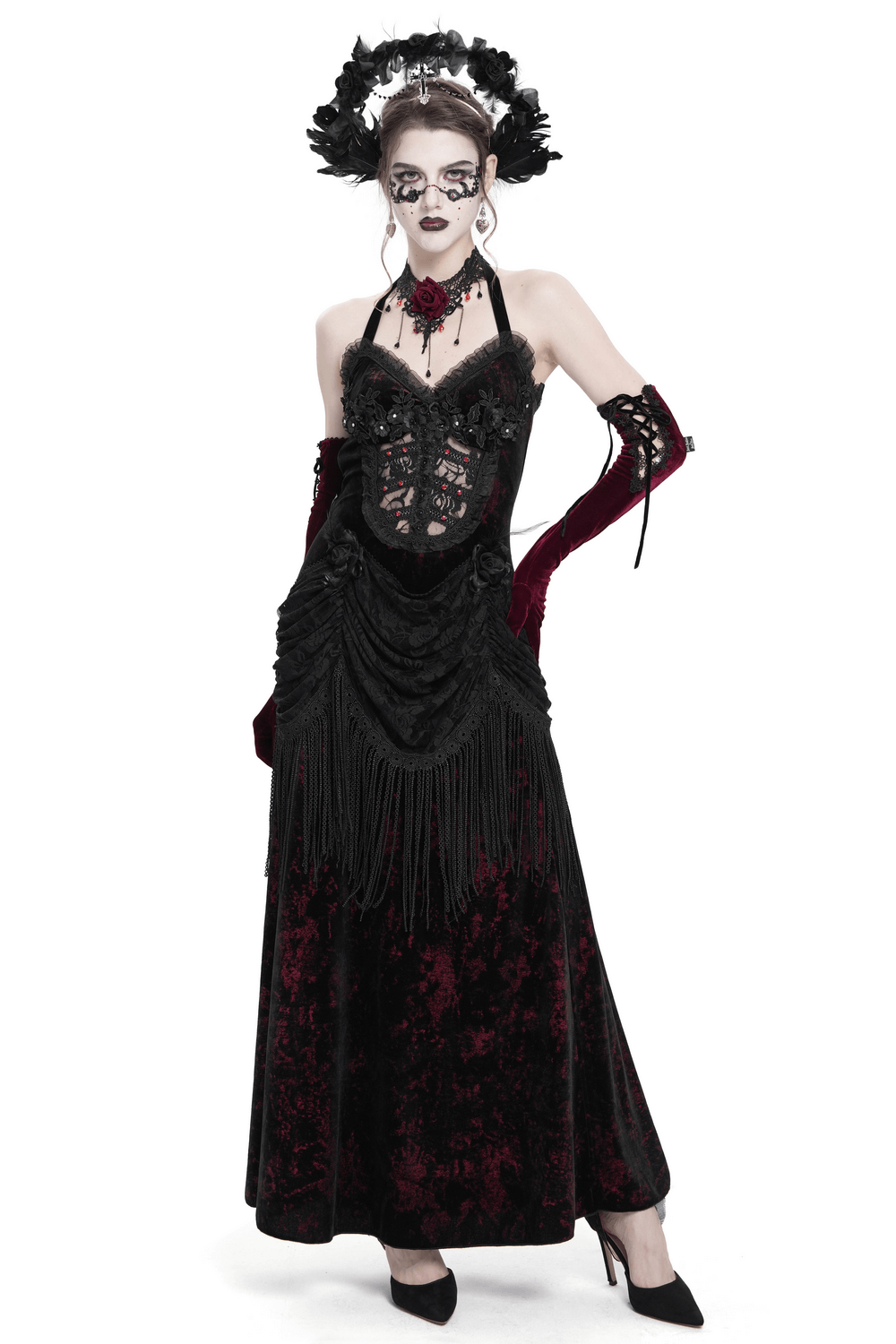 Gothic wine red and black velvet dress with lace details and fringe, perfect for Victorian-themed events.