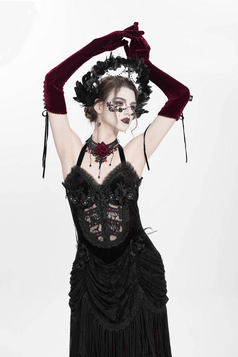 Gothic wine red and black velvet dress with lace and fringe, perfect for Victorian style events and cosplay.