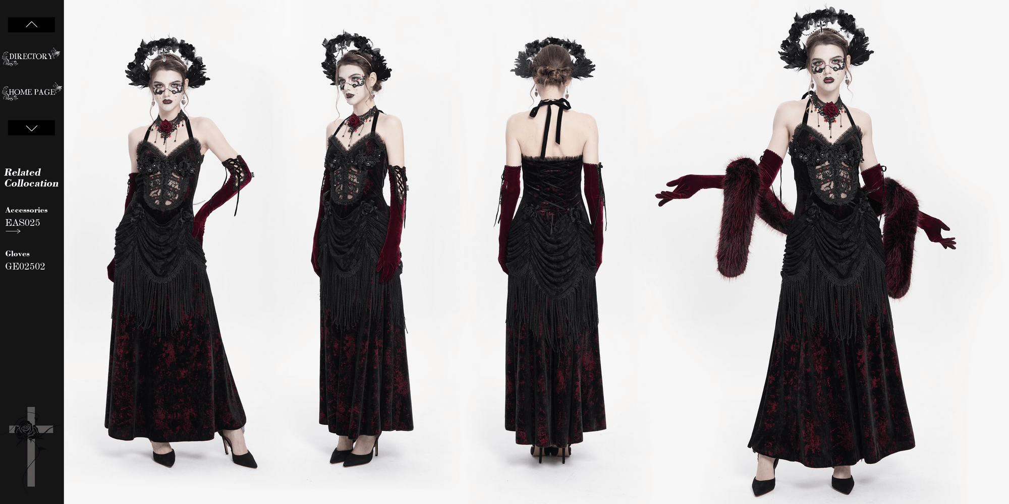 Gothic wine red and black velvet halter dress with lace and fringe, perfect for Victorian-themed events.