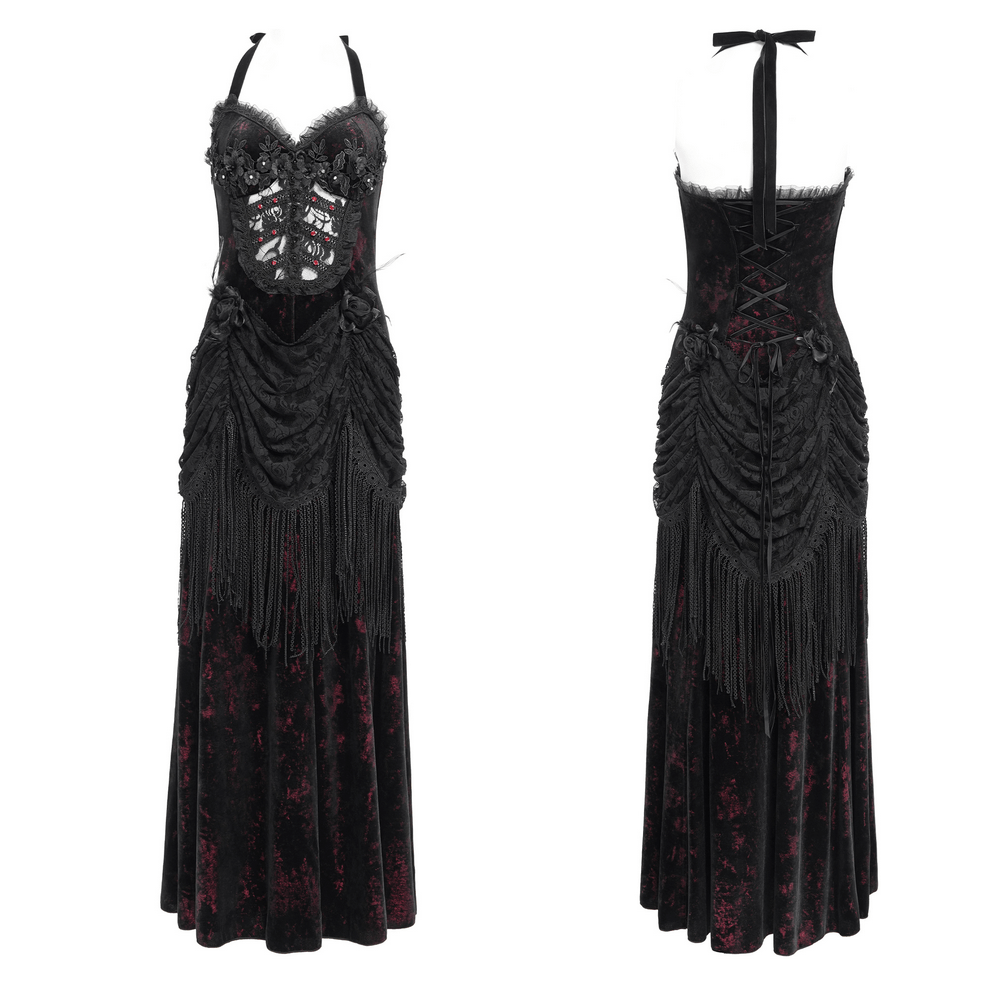 Gothic wine red and black velvet dress with lace appliques, corset back, and fringe detail, perfect for Victorian-themed occasions.