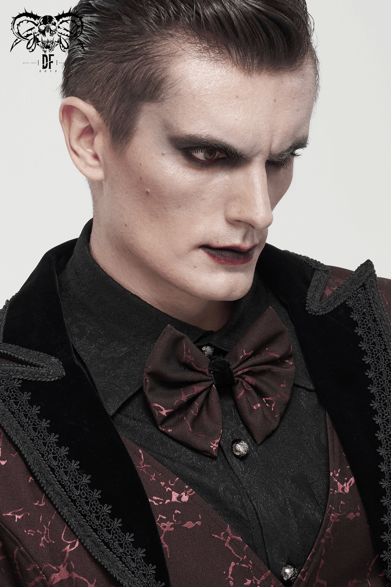 Men's gothic wine red jacquard bowtie styled with a dark, elegant outfit, showcasing a fashion-forward aesthetic.