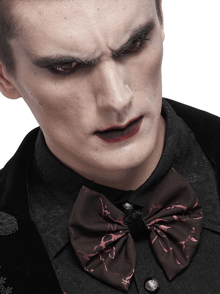 Gothic wine red jacquard bowtie on a model, showcasing a striking lace-up design for elegant male fashion.